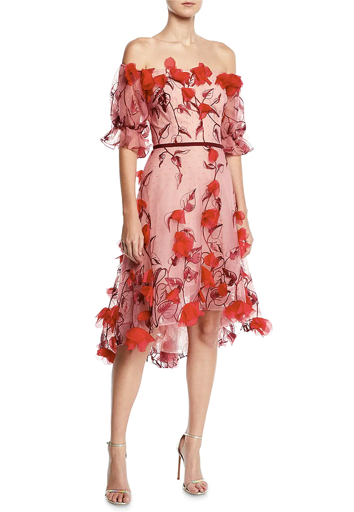  MARCHESA NOTTE Off-The-Shoulder 3D Floral Embroidered Cocktail Dress in Red