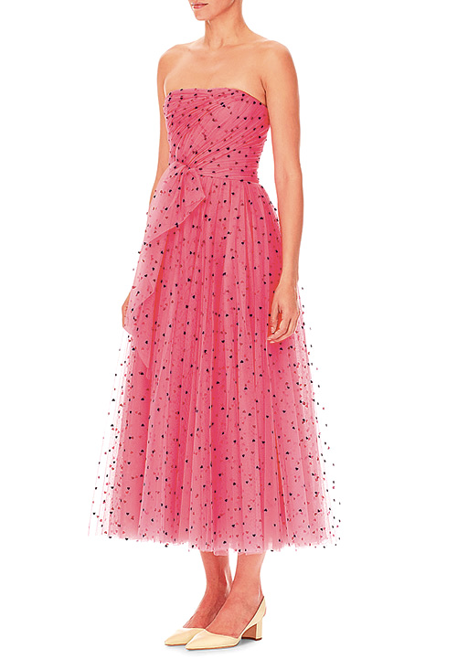  Carolina Herrera Strapless Heart-Print Tulle A-Line Cocktail Dress w/ Twist Draping