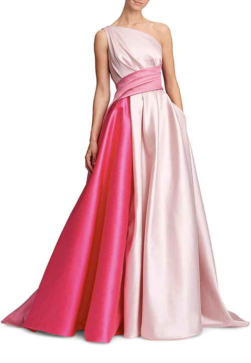  Marchesa One-Shoulder Draped Bow-Back Colorblock Gown