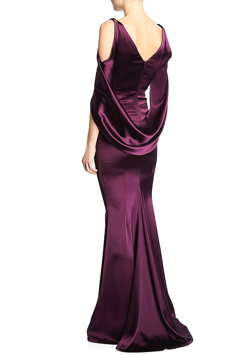 Talbot Runhof Ponceau High-Neck Draped Bodice Shiny &amp; Matte Crepe Satin Evening Gown