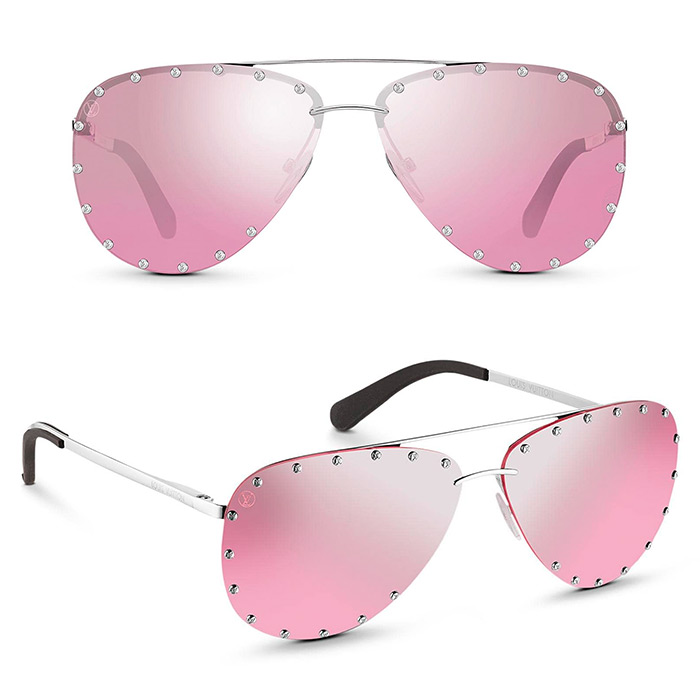 The Party Sunglasses $680.00 Silver-color frame, Pink and silver gradient mirror lens, Silver-color LV studs on lenses