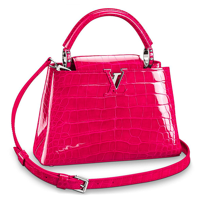 Capucines BB $30,500.00 in Rose Spinelle, 10.6&nbsp;x 8.3&nbsp;x 3.9 inches, high gloss alligator leather, available in 24 colors