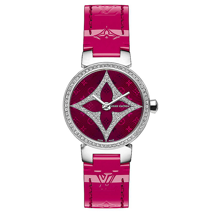 TAMBOUR SLIM STAR 28 $10,235.00 Magenta, steel case set with 68 diamonds, Star flower set with 76 diamonds