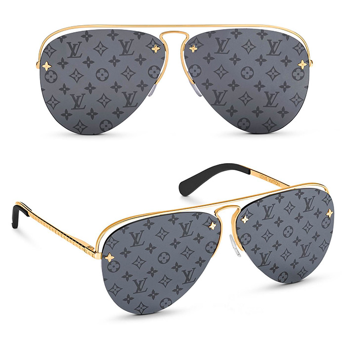 Grease Sunglasses $740.00 mirrored Monogram lenses in dark gunmetal gray, Monogram Flower studs on the lenses