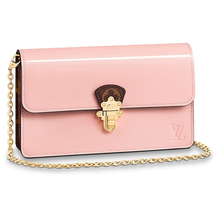 CHERRYWOOD CHAIN WALLET $1,710.00 in Rose Ballerine Pink, L 7.7 x H 4.7 x W 2 inches, Patent calf leather and Monogram canvas