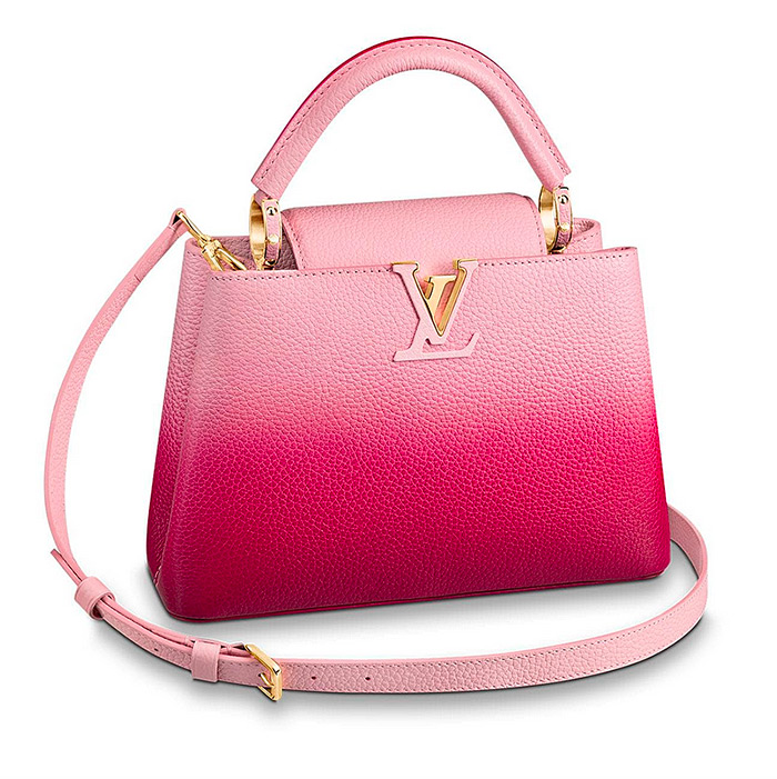 Capucines BB $4,750.00 Pink / Lie de Vin Red, L 10.4 x H 6.9 x W 3.5 inches, Taurillon leather
