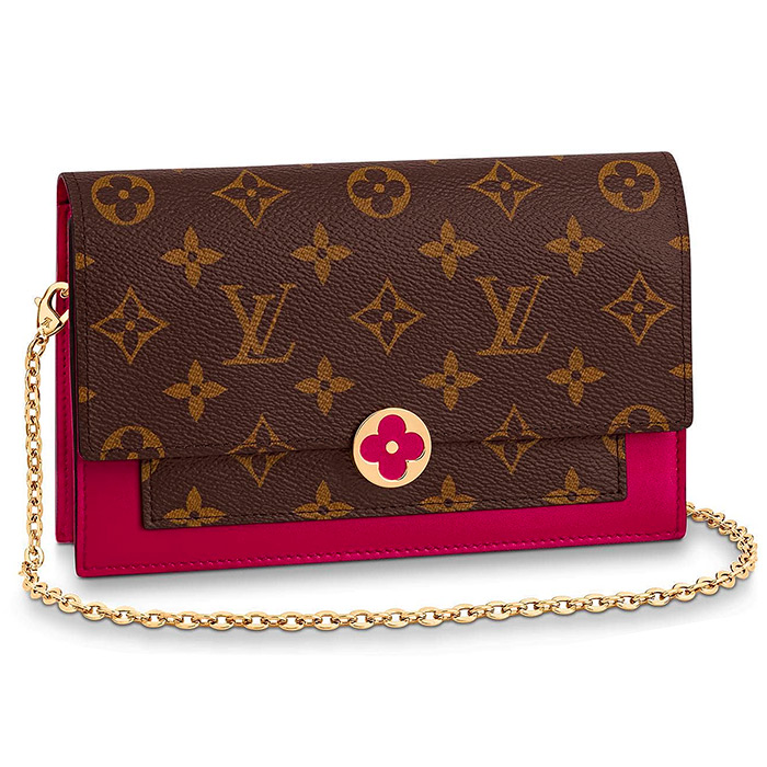FLORE CHAIN WALLET $1,440.00 in Fuchsia L 6.9 x H 4.5 x W 1.4 inches, Monogram coated canvas &amp; calf leather