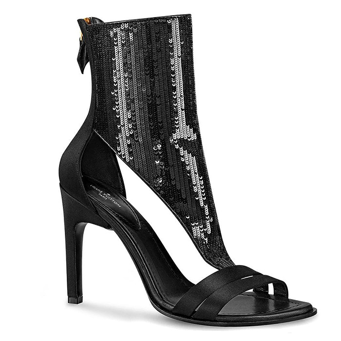 Iconic Sandal in Black $1,720.00, Satin and sequins, 10 cm / 3.9 inch heel, (also available in Silver) 