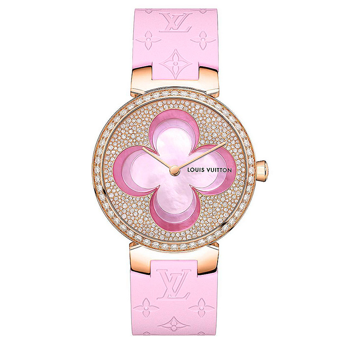 TAMBOUR SLIM COLOR BLOSSOM 35 $47,800.00 18K pink gold case set with 60 diamonds, Sculpted mother-of-pearl flower