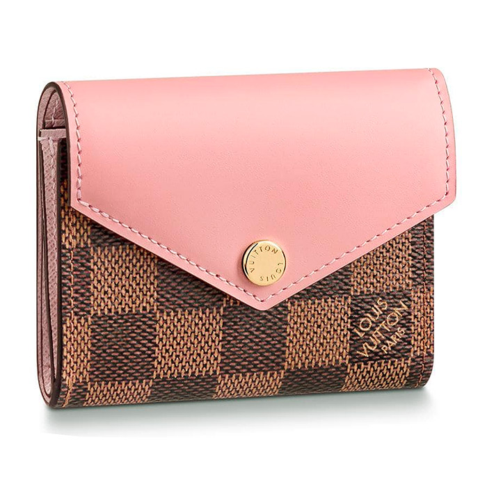 Zoé WALLET $465.00 in Rose Ballerine Pink, L 3.7 x H 3 x W 1.2 inches, Damier Ebene coated canvas and cowhide leather