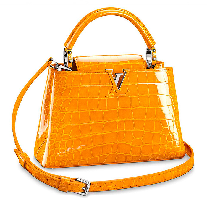 Capucines BB $30,500.00 Jaune d'or, 10.6&nbsp;x 8.3&nbsp;x 3.9 inches high gloss alligator leather, available in 24 colors