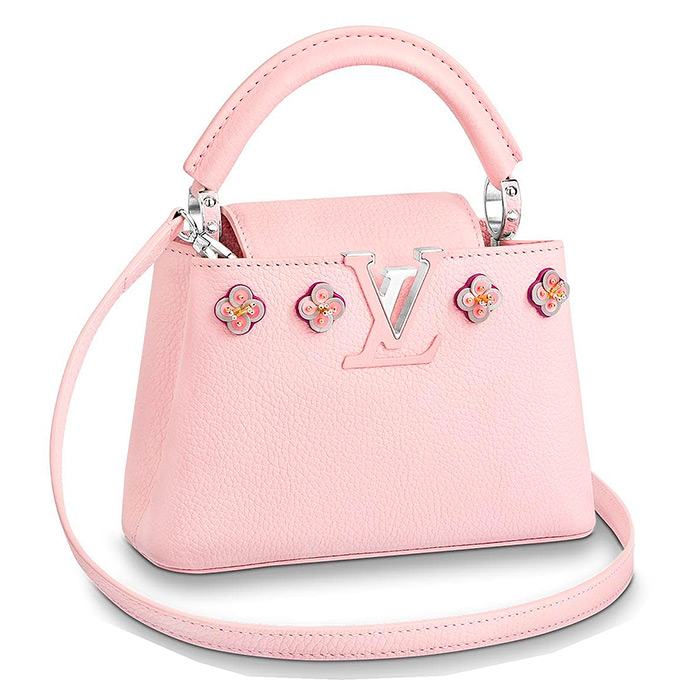 Capucines Mini $4,400.00 in Pink, 7.9 x 5.2 x 3 inches, Taurillon skin with flowers in satin, leather and beads