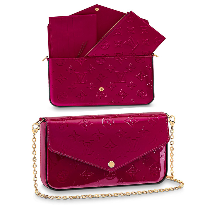 Pochette Félicie $1,170.00 in Magenta 8.3 x 4.7 x 1.2 inches, patent cowhide leather, 2 pockets &amp; chain are removable