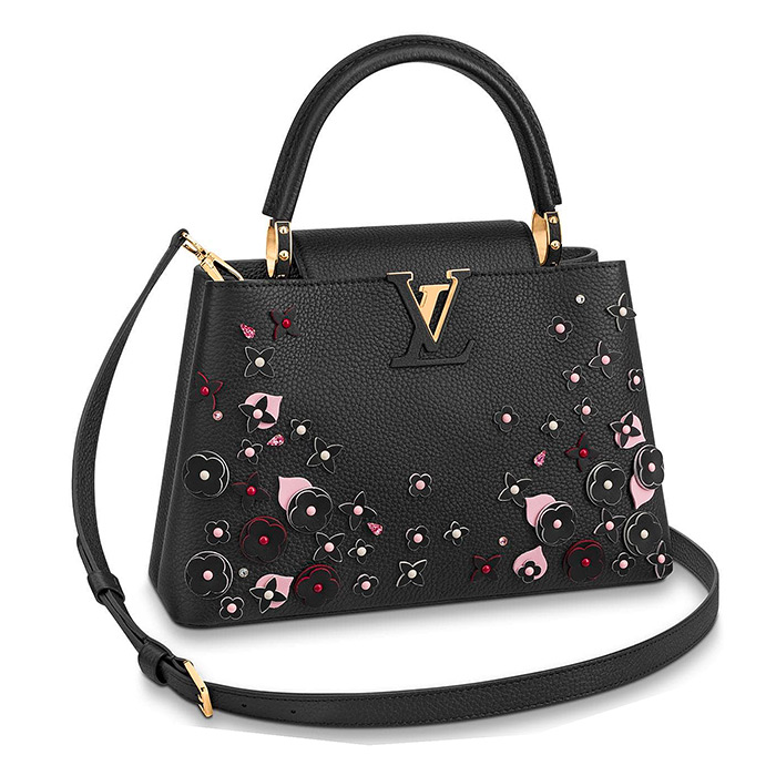 CAPUCINES PM in Black $5,700.00 L 12.2 x H 7.7 x W 4.3 inches, Black Taurillon leather adorned with flowers as part of the LV Blooming edition