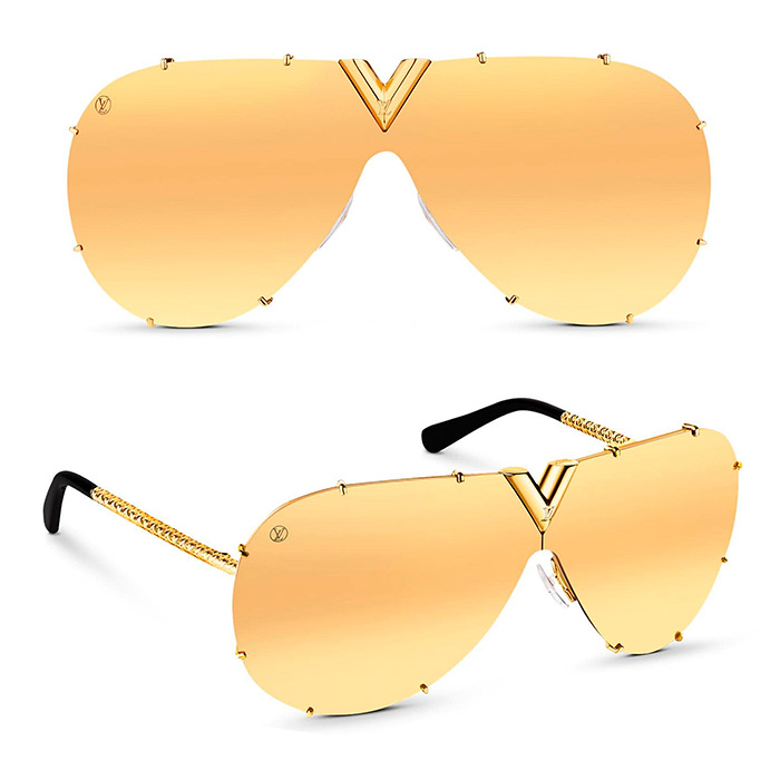 LV Drive Sunglasses $635.00 Gold, Engraved Nano Monogram design, Oversized Essential V on front, available in 4 different colors