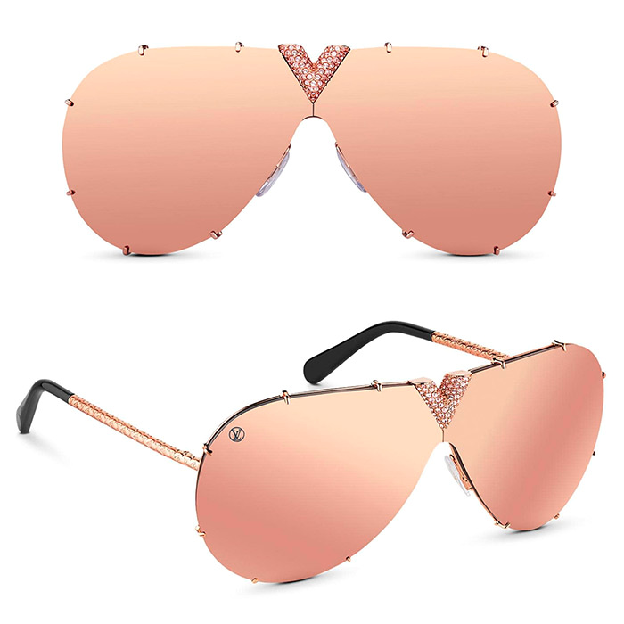LV Drive Strass Sunglasses $885.00 Rose Gold, delicate pink strass in the central V, statement sunglasses for a wow effect 