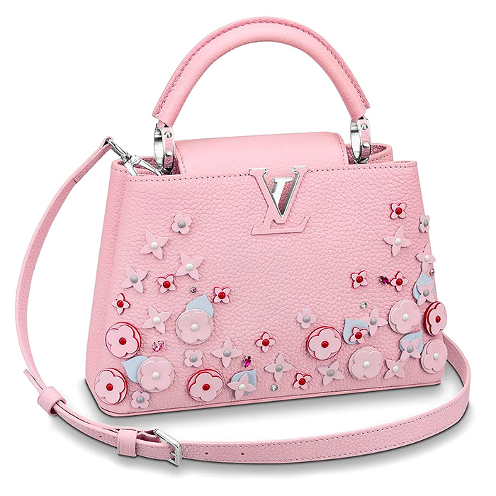 Capucines BB $5,150.00 Rose Pink, L 10.4 x H 6.9 x W 3.5 inches, Taurillon leather, embellished with intricately appliquéd flowers