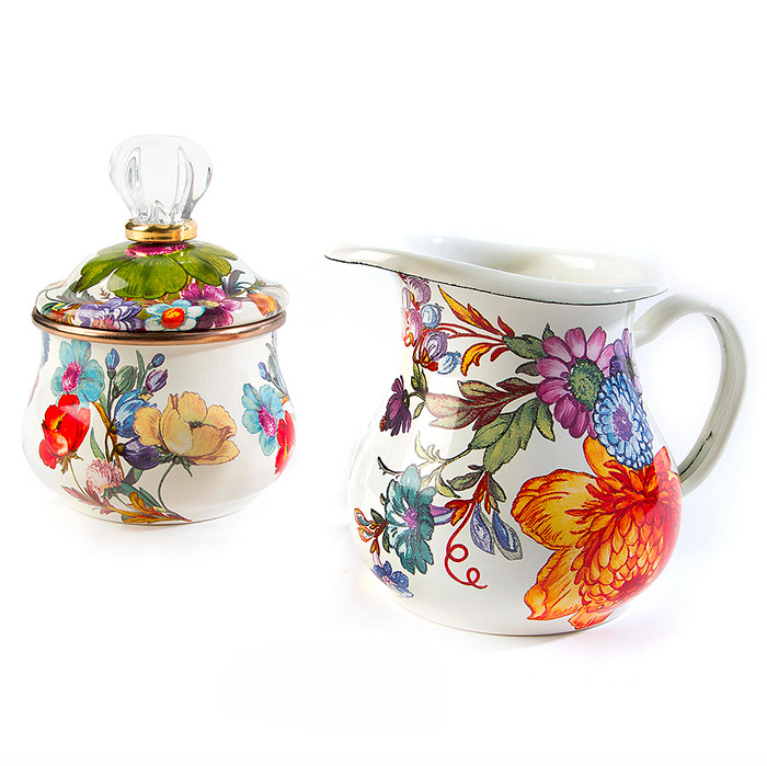 Flower Market Lidded Sugar Bowl  &amp; Flower Market Creamer - White