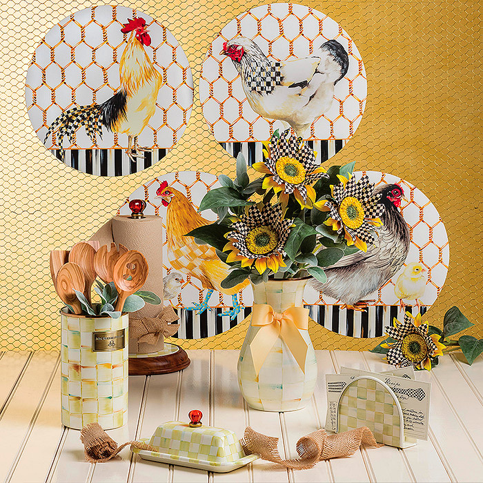 Chicken Coop Placemats &amp; Parchment Check Enamel Vase - Tall