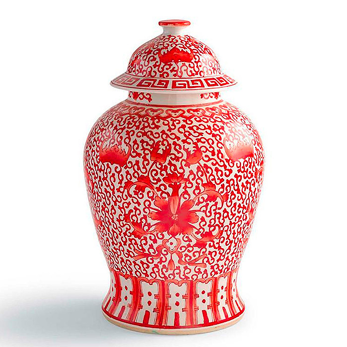 Coral and White Chinoiserie Flower Jar