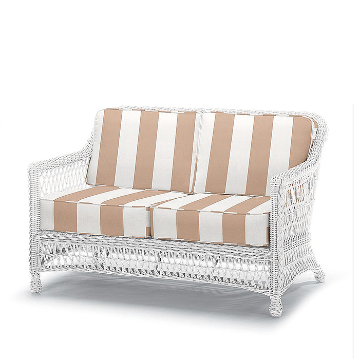 Copy of Hampton Loveseat in Ivory Finish with Cushions in Resort Stripe Sand Rain