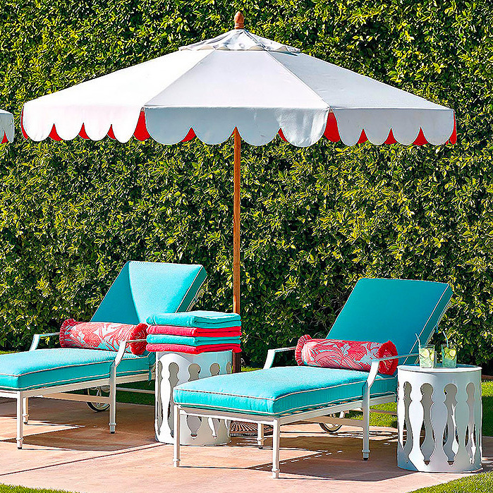 Grayson Chaise Lounge with Cushions in White Finish &amp; Seaside Scallop Guava Designer Umbrella