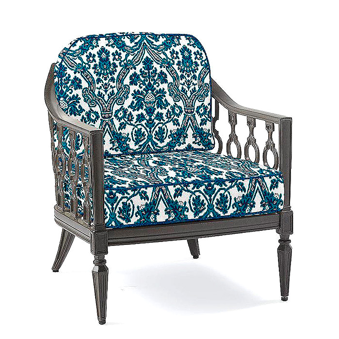 Avery Lounge Chair with Cushions in Medina Carpet Indigo with Rumor Midnight Piping