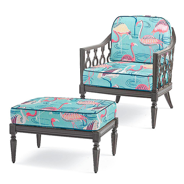 Avery Lounge Chair &amp; Ottoman with Cushions in Flamingo Oasis Aqua with Spectrum Peacock Piping