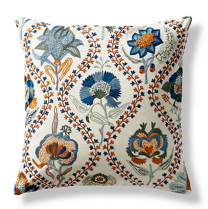 Illustrated Floral Decorative Pillow Cover in Aegean
