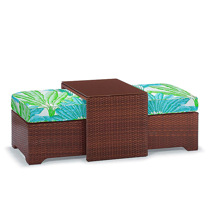 Palermo Coffee Table with Nesting Ottomans in Bronze Finish, Cushion in Atherton Palm Seaglass