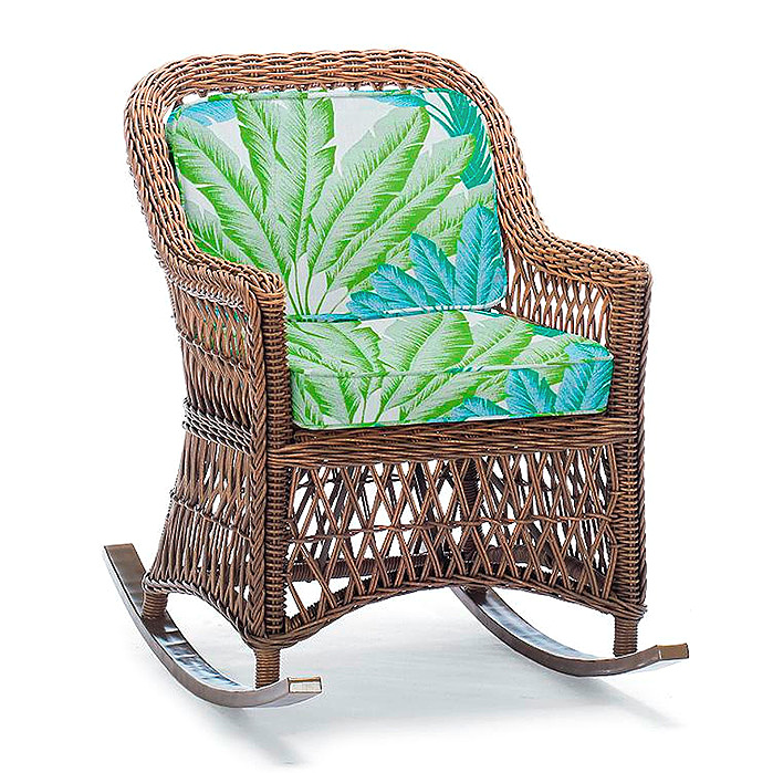 Hampton Rocker in Driftwood Finish with Cushions in Atherton Palm Seaglass