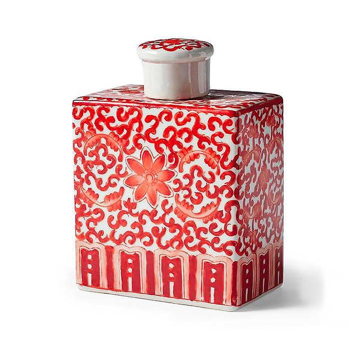Coral and White Chinoiserie Rectangular Lidded Jar