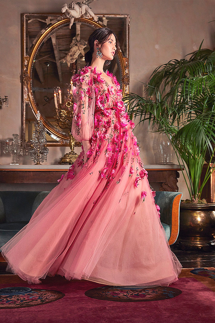 Pink Bead And Floral-Embroidered Tulle Gown