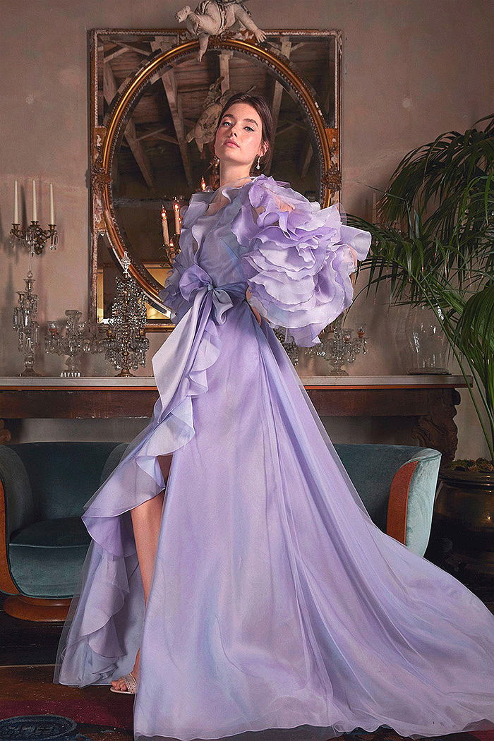Purple Ruffle-Accented Ombre Organza Gown