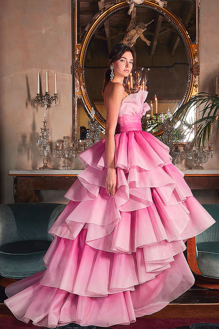 Pink Tiered-Ruffle Strapless Tulle Gown