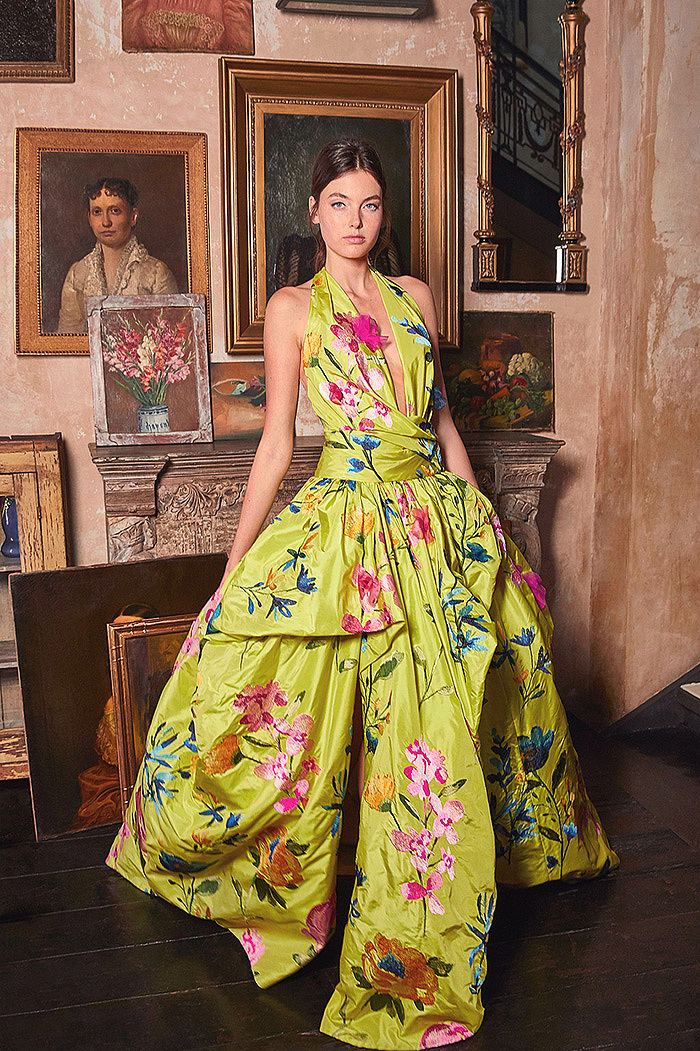 Yellow Floral-Embroidered Taffetta Halterneck Gown