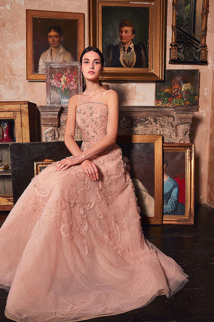 Pink Embelllished Organza Strapless Gown