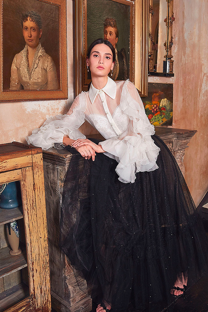 Floral-Embroidered Ruffled Silk-Organza Blouse &amp; Black Embroidered Tulle Midi Skirt