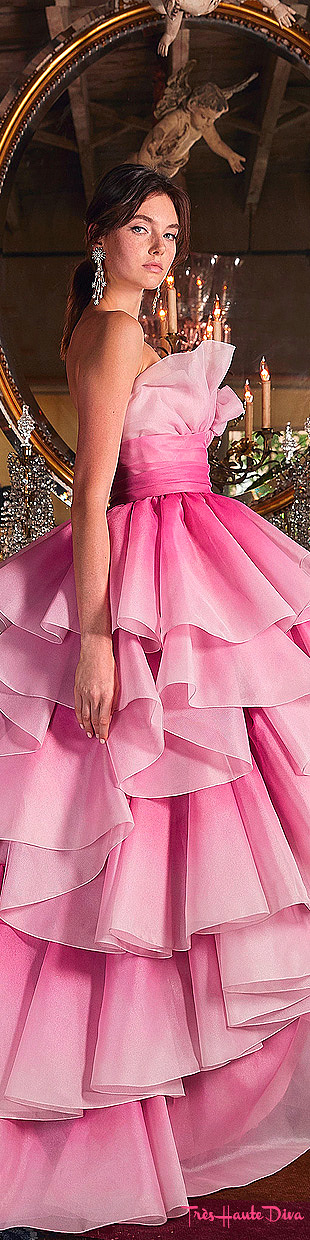 Marchesa Resort 2020 Pink Tiered-Ruffle Strapless Tulle Gown 
