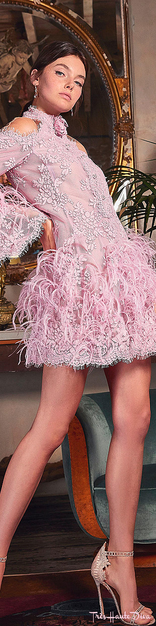 Marchesa Resort 2020 Pink Ostrich Feather-Embellished Cold-Shoulder Lace Cold-Dress