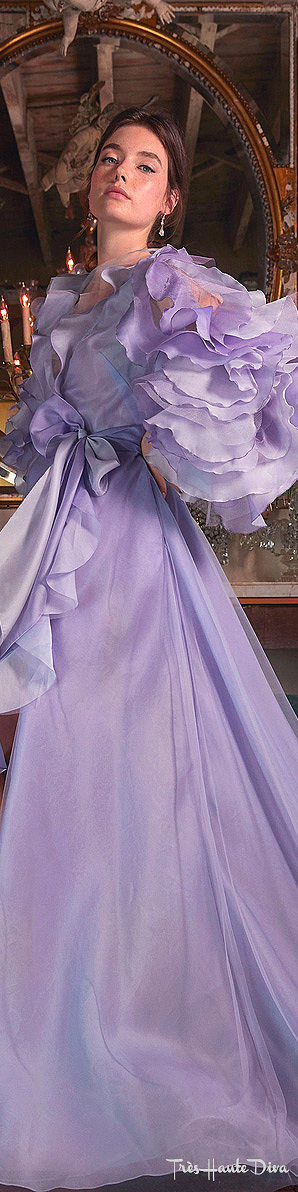 Marchesa Resort 2020 Purple Ruffle-Accented Ombre Organza Gown