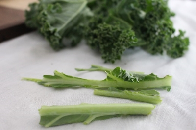 Remove the hard stems from the kale. 