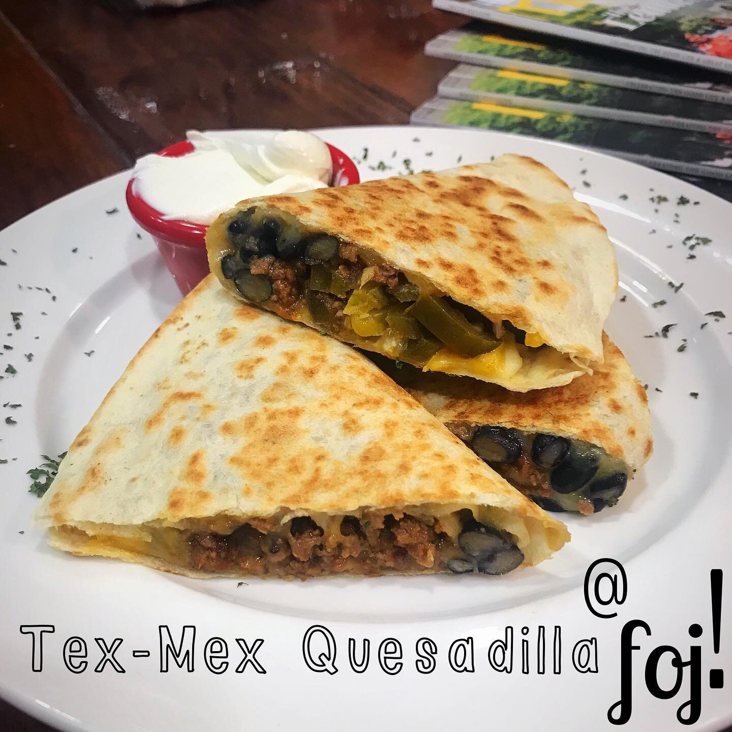 Bam💥 Quesadilla on point today! Stewed Beef, Black Beans, Peppers, Onions, Jalape&ntilde;os, and Cheddar Jack. #fojaneatery #texmexgoodness