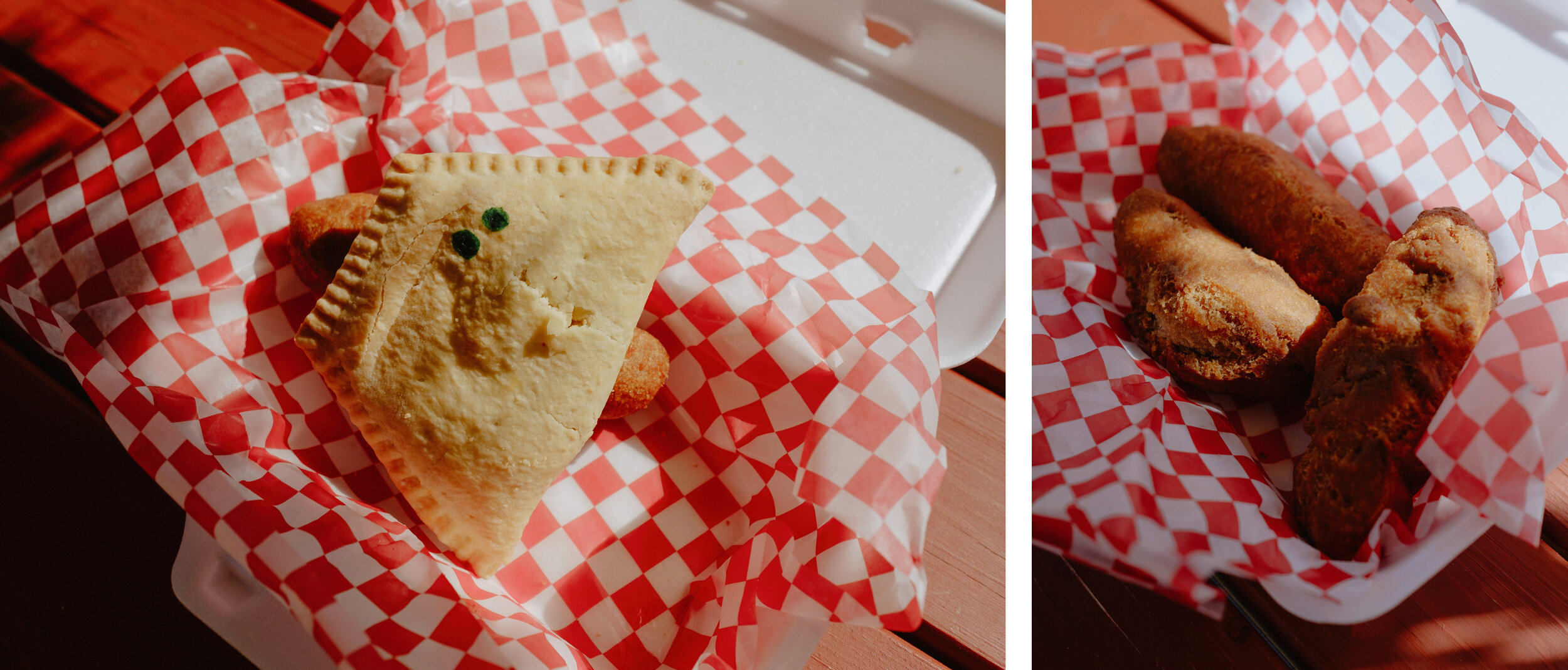   simply irie caribbean cuisine | chicken patty (left), festivals (right):     flake-y, pepper-y goodness (left), lightly sweet, old-fashioned-donut-like yummy yummy denseness (right)    