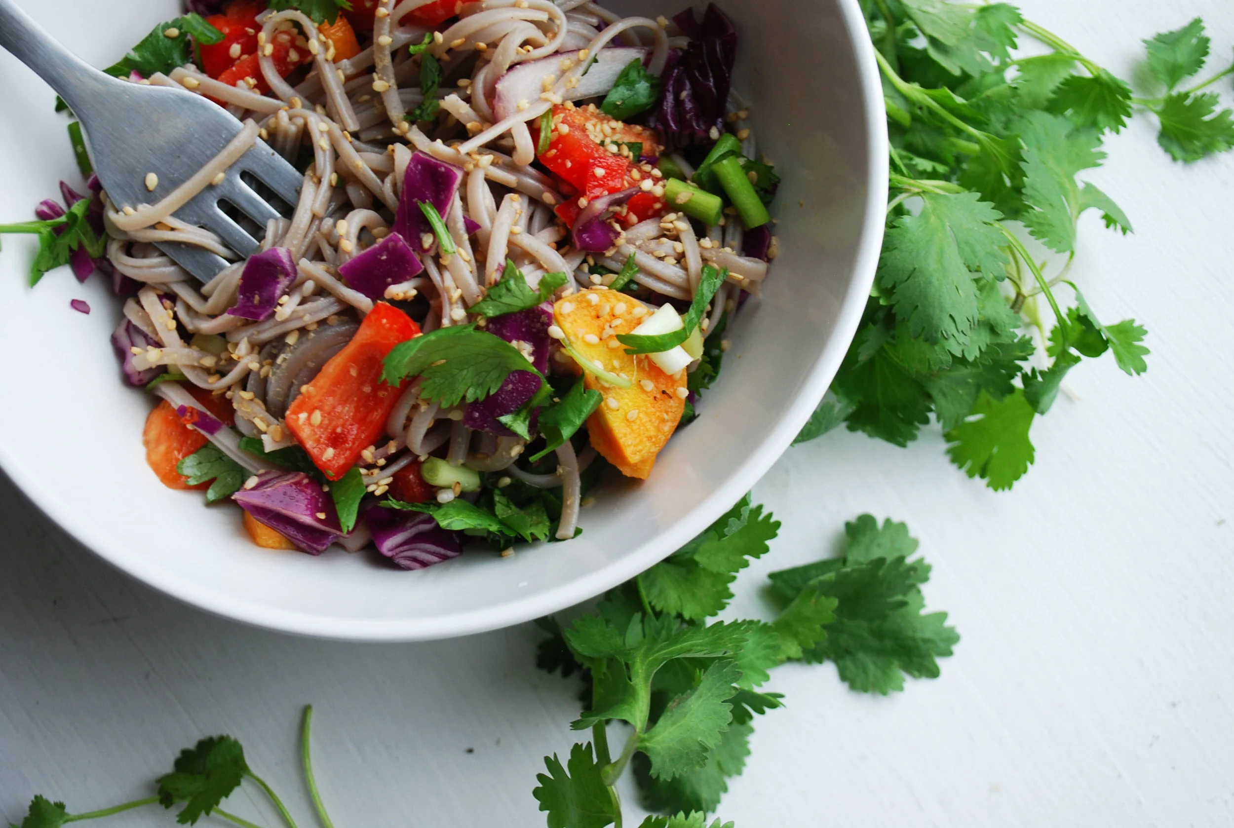   BUCKWHEAT NOODLE SALAD      AUTHOR: DESIGN&amp;DIGEST  RECIPE TYPE: SIDE, SALAD  SERVES: 4-6     INGREDIENTS:  - 1 8.8oz package of Buckwheat (Soba) noodles  - 1&nbsp;carrot, halved and sliced  - 1 bunch of cilantro, chopped  - 1 red pepper, diced 