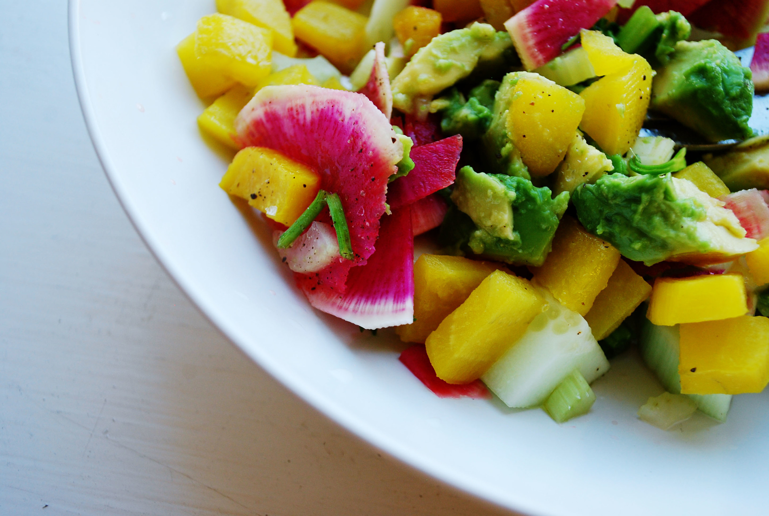   WATERMELON RADISH AND AVOCADO SALAD      AUTHOR: DESIGN&amp;DIGEST  RECIPE TYPE: SIDE, SALAD  SERVES: 4     PREP TIME: 20 MINS  COOK TIME: 20 MINS  TOTAL TIME: 40 MINS     INGREDIENTS:  - 1 AVOCADO, DICED  - 1 CUCUMBER, PEELED, QUARTERED AND SLICED