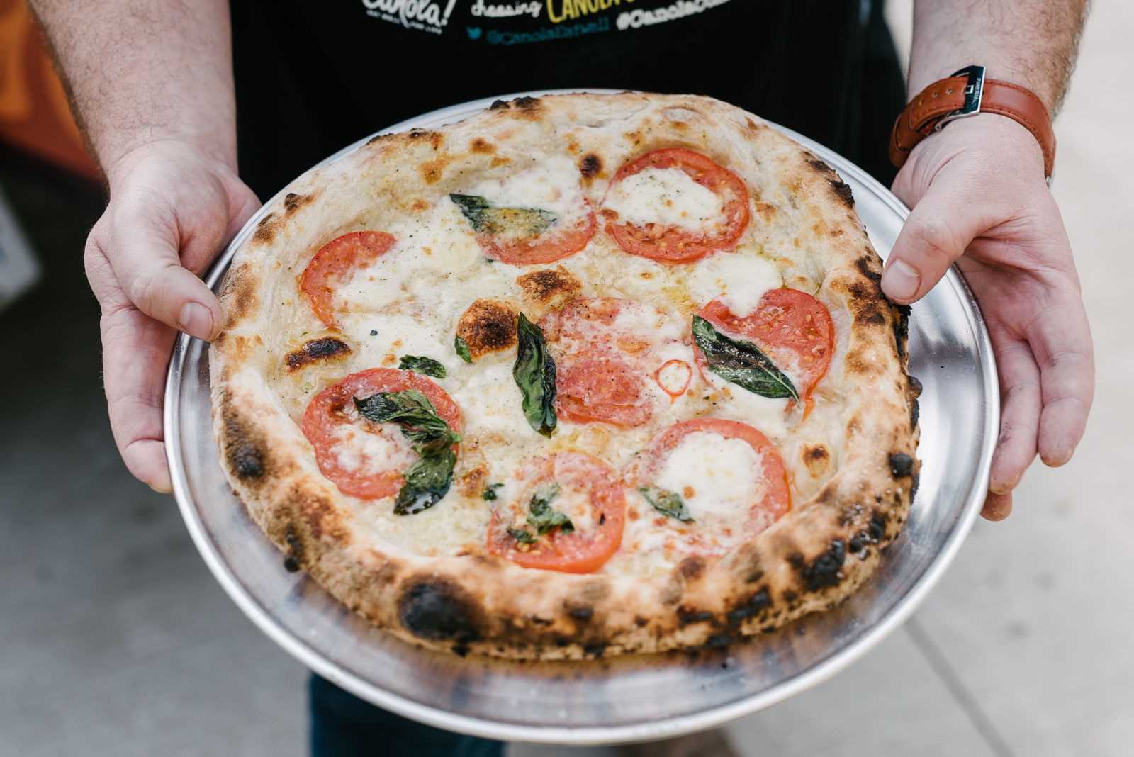 Caprese Pizza by Chef Victor Barry: Link Greenhouses tomatoes, Fior di Latte, Basil & Chili Canola Oil