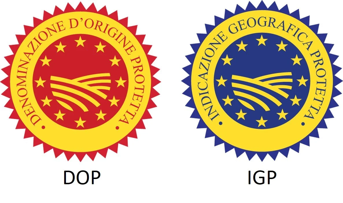 Examples of DOP (Protected Designation of Origin), IGP (Protected Geographical Indication) logos.