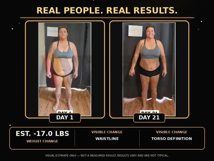 Woman's Day 1 and Day 21 comparison; image labels the 17-pound change as a visual estimate