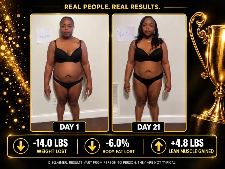 Day 1 and Day 21 before-and-after comparison of a woman in a black bikini